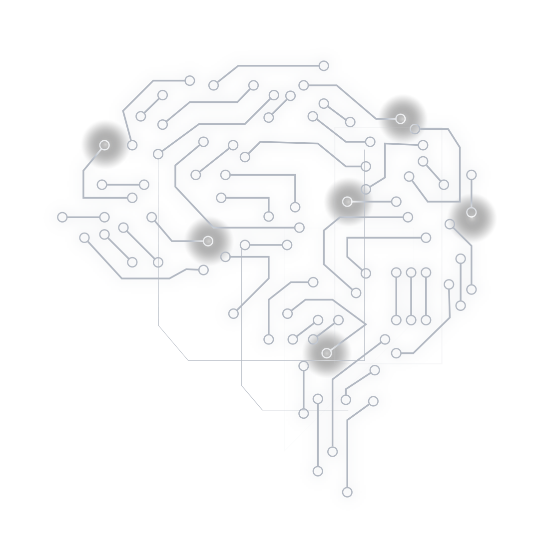 Grafik eines Gehirns bestehend aus grauen Schaltkreisen und leuchtenden Ankerpunkten.