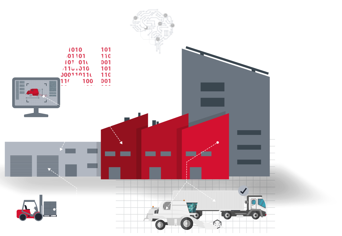 Hauptgrafik der Datenfabrik, Fabrikgebäude rot grau, ein Gabelstapler kommt von links ins Bild, darüber eine Konstruktionszeichnung auf einem Monitor, ein AI Symbol und ein Gehirn mit Datenströmen.