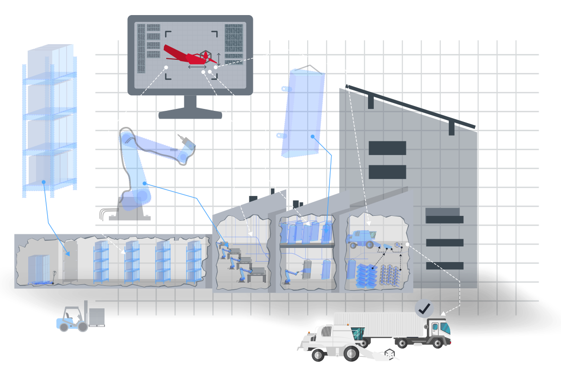 Grafik der Datenfabrik Transformation Area 1, Fabrikgebäude mit aufgerissenen Wänden, der fiktive Inhalt des Gebäudes ist in Blau transparent sichtbar. Regale, Roboter, Lackiererei und Bauteile.